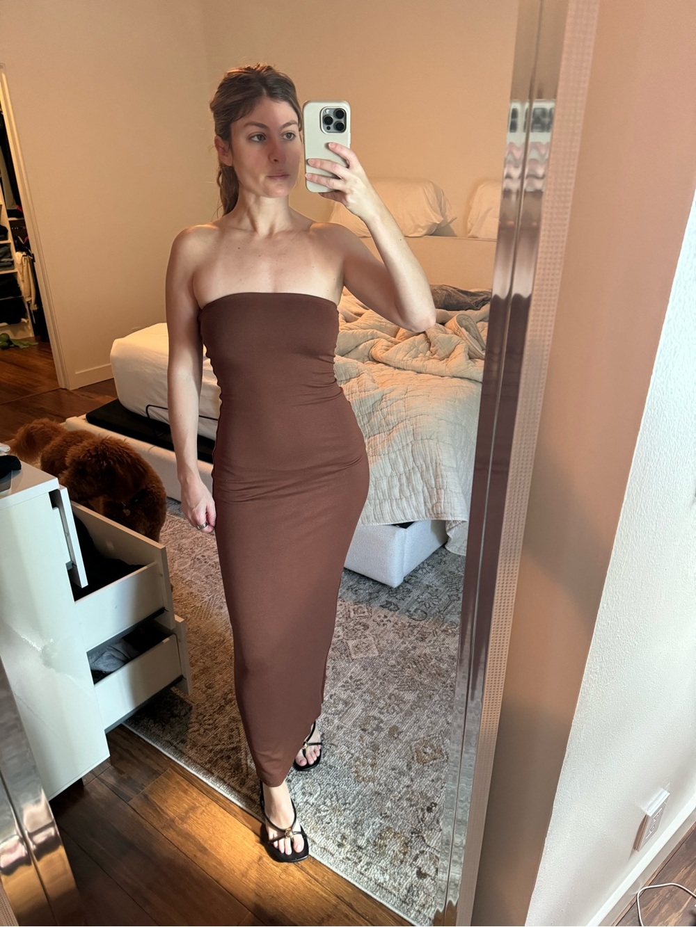 AFRM Strapless Midi Dress in Chocolate Brown